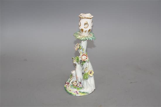 An early Derby figural sheep and tree candlestick, c.1758, 21.5cm
